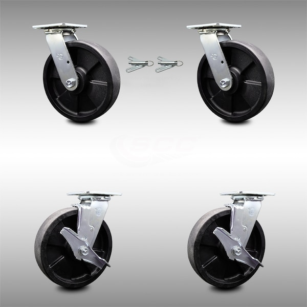 8 Inch SS Glass Filled Nylon Caster Set with Ball Bearings 2 Swivel Lock 2 Brake